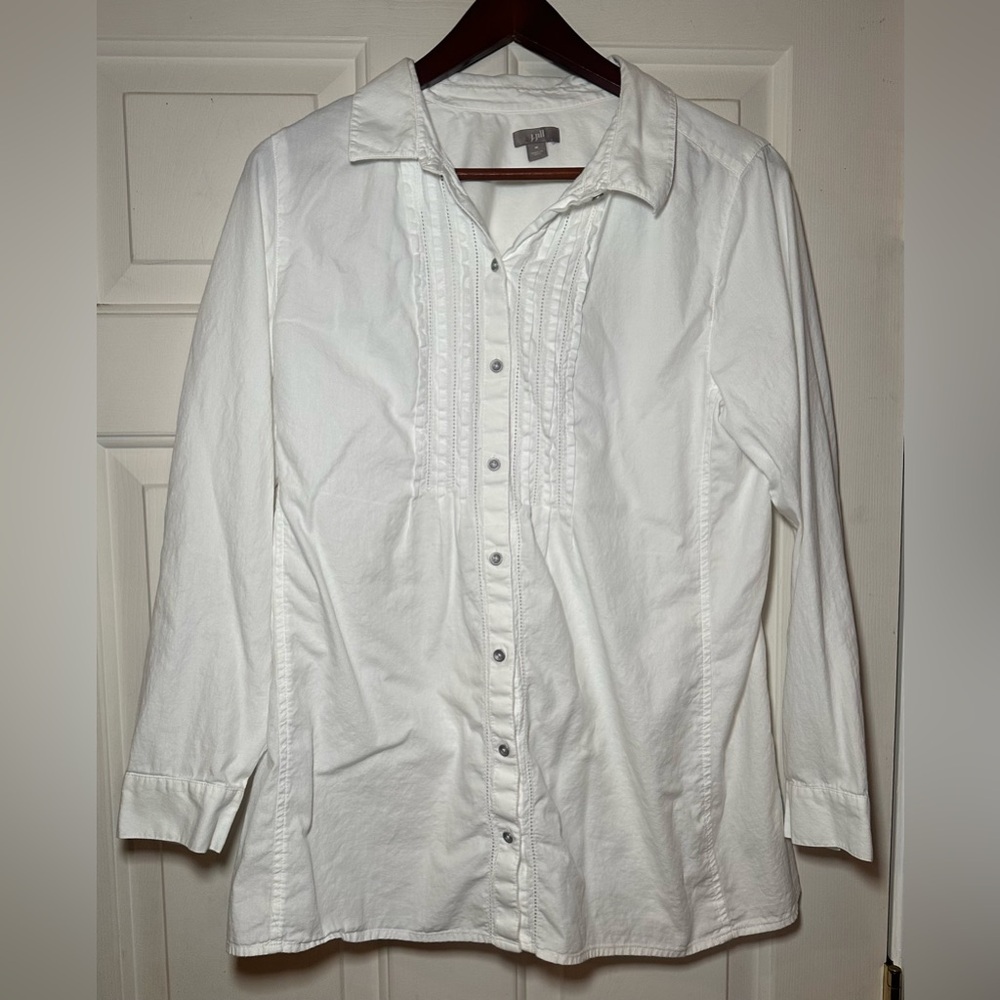 J Jill Women’s White Pleated Button‎ Down 3/4 Sleeve M Cotton Blouse.